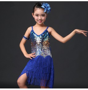 Light pink royal blue turquoise black red sequins strap backless girls kids children fringes performance competiiton latin salsa cha cha dance dresses